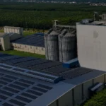 Aerial view of large poultry and livestock feed production line, complete animal feed mill plant factory