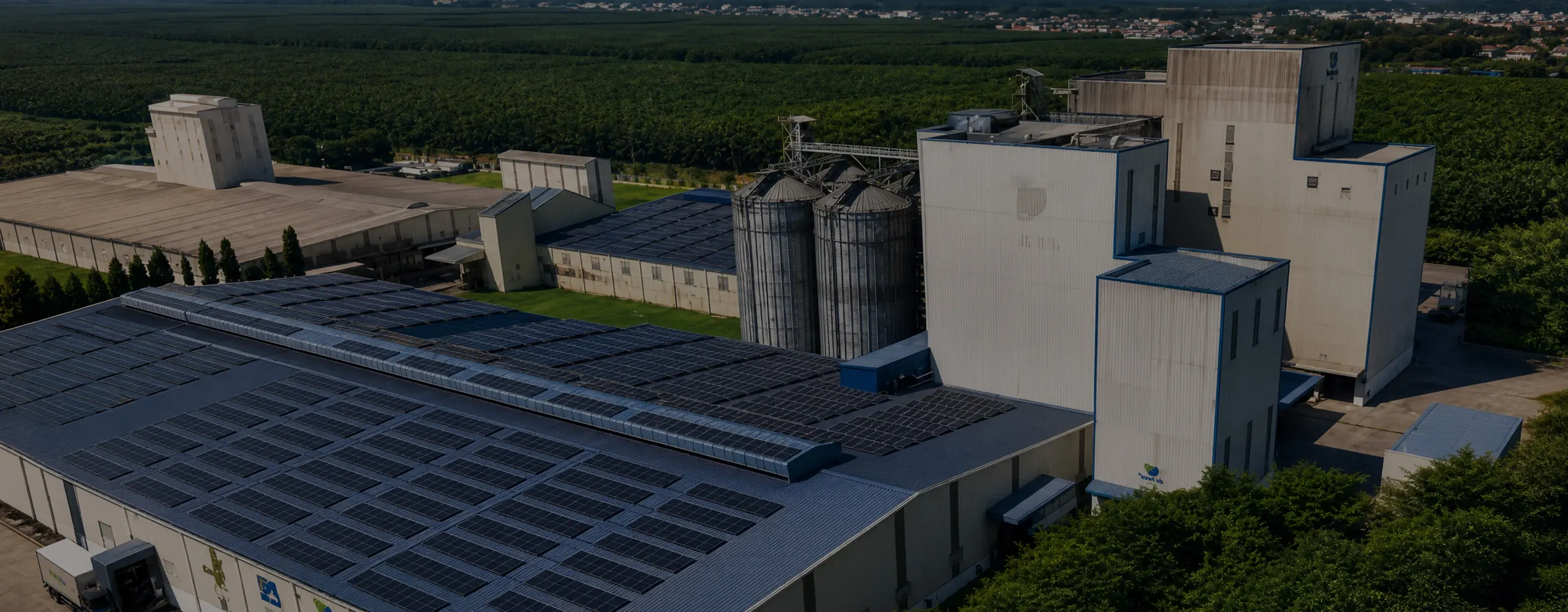 Aerial view of large poultry and livestock feed production line, complete animal feed mill plant factory